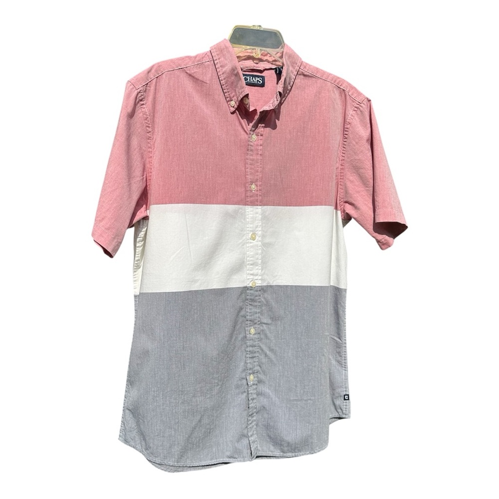 Chaps Mens Large Colorblock Button Down Shirt Red White Gray Short Sleeve Casual